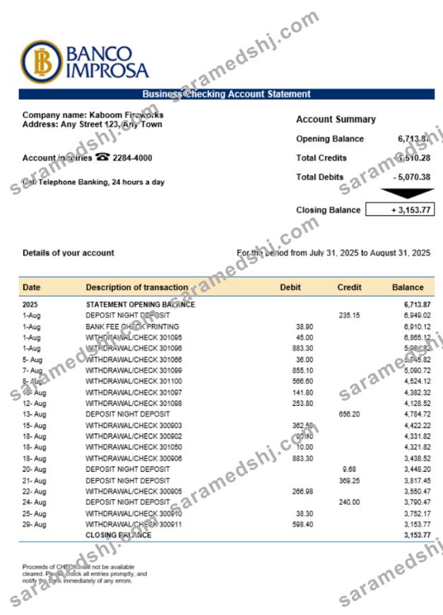 Costa Rican Banco Improsa bank firm account statement Word and PDF template